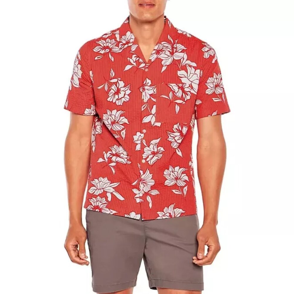 NEW Gap Men's Short Sleeve Seersucker Vacay Shirt Size Small Cayenne Flower Fill